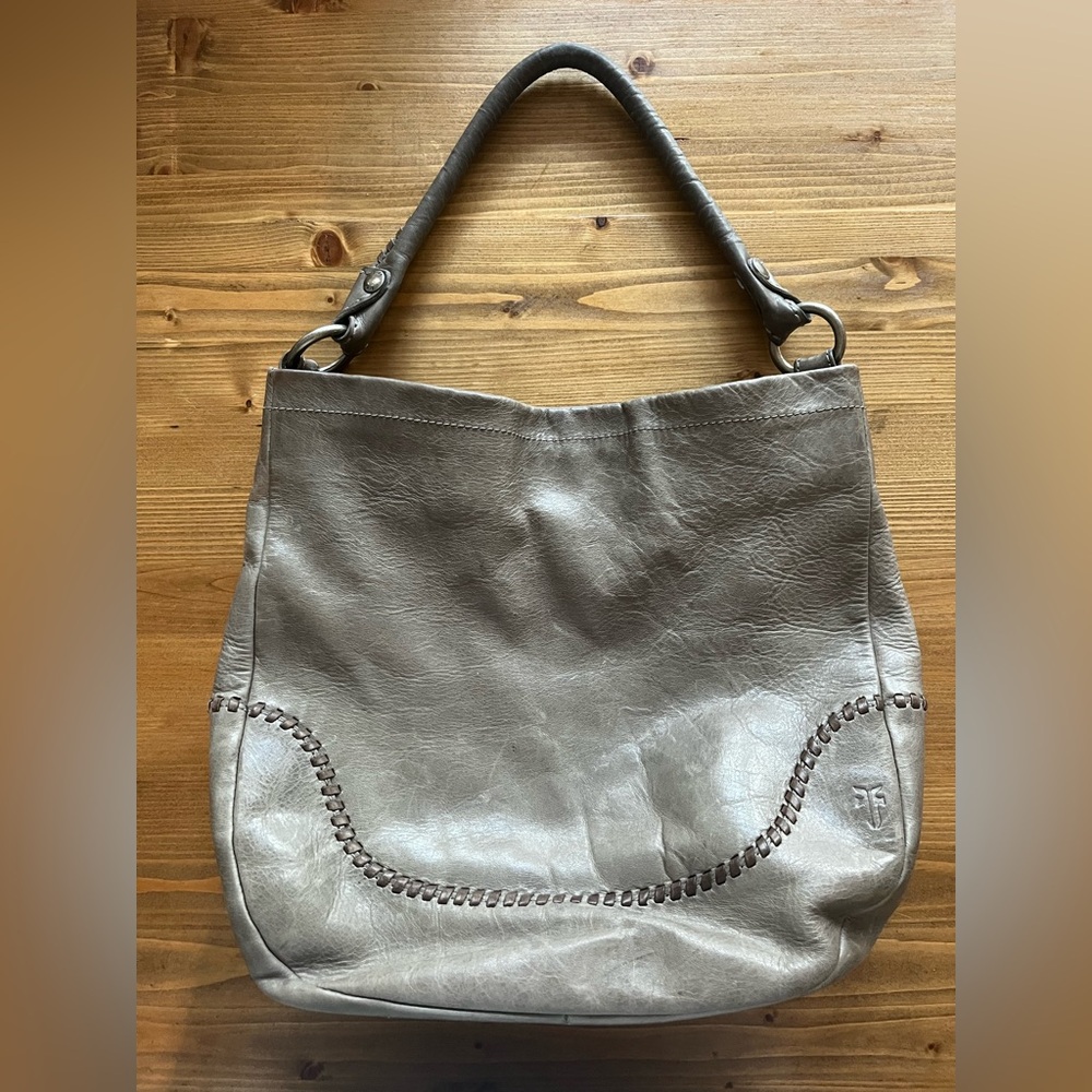 Frye Neutral Gray Leather Hobo Bag with Braided Trim